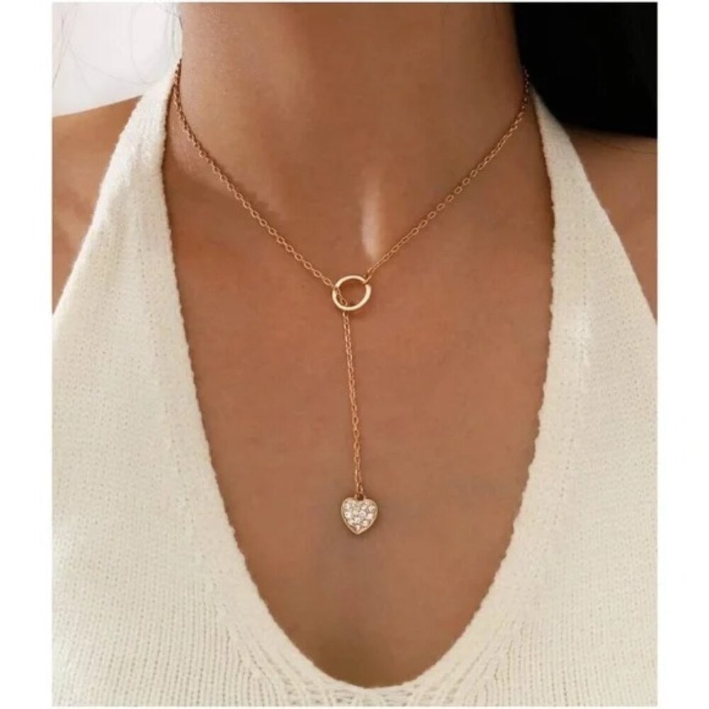 Gold Tone Heart Lariat Dainty Necklace